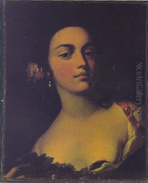 Portrait Of A Lady Wearing Pearl Earings And A Decolotee Dress Oil Painting by Giuseppe Bonito