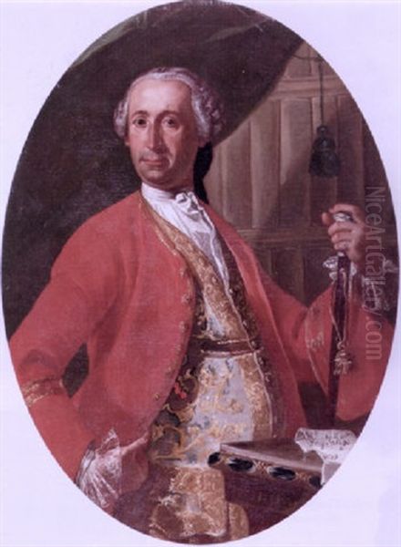 Portrait Of Signor Palma, Viceroy Of Naples Wearing A Red Jacket And An Embroidered Waistcoat, Holding A Cane Oil Painting by Giuseppe Bonito