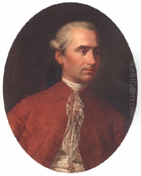 Portrait Of A Gentleman, Bust-length, In A Red Coat And Embroidered Waistcoat Oil Painting by Giuseppe Bonito