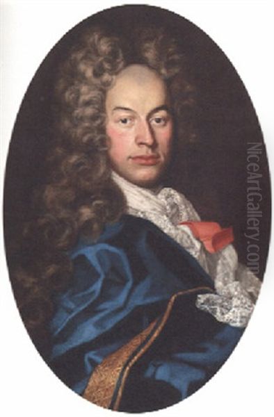 Portrait Of A Gentleman, Half-length In A Blue Coat And Gold Lining Oil Painting by Giuseppe Bonito