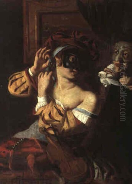 Allegory With A Lady And Companion In Masquerade Costume Oil Painting by Giuseppe Bonito