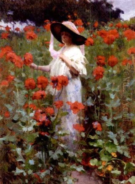 Jeunne Femme Dans Les Fleurs Oil Painting by Alexandre Francois Bonnardel