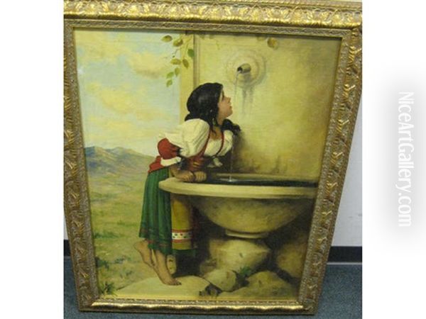 Roman Girl At Fountain Oil Painting by Leon Bonnat