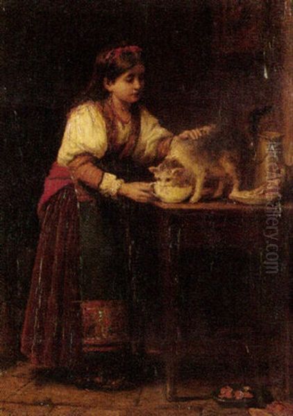 A Young Girl Feeding Her Cat Oil Painting by Leon Bonnat