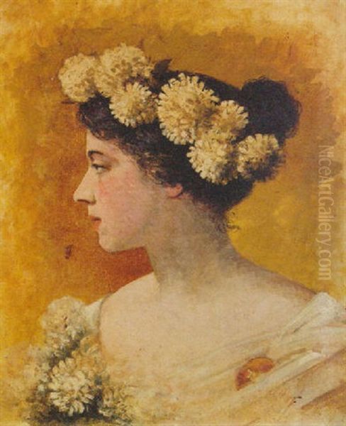 Portrait Of A Lady Wearing Flowers In Her Hair Oil Painting by Leon Bonnat