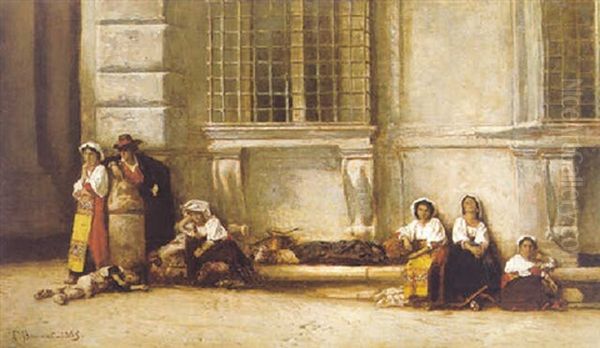 Neopolitan Peasants In Front Of The Farnese Palace, Rome Oil Painting by Leon Bonnat