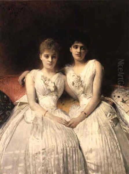 A Portrait Of Marthe And Therese Galoppe Oil Painting by Leon Bonnat