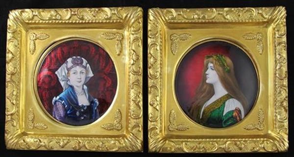 A Pair Of Limoges Enamel Art Nouveau Circular Portrait Plaques Oil Painting by Pierre Bonnaud