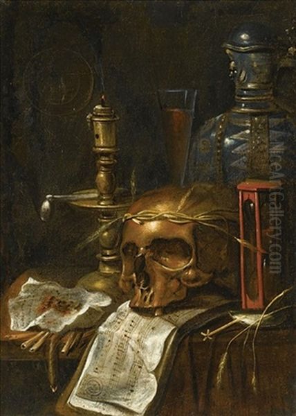 A Vanitas Still Life With A Candle, A Skull, An Hourglass, A Flagon And A Glass, On A Wooden Table Oil Painting by Sebastien Bonnecroy