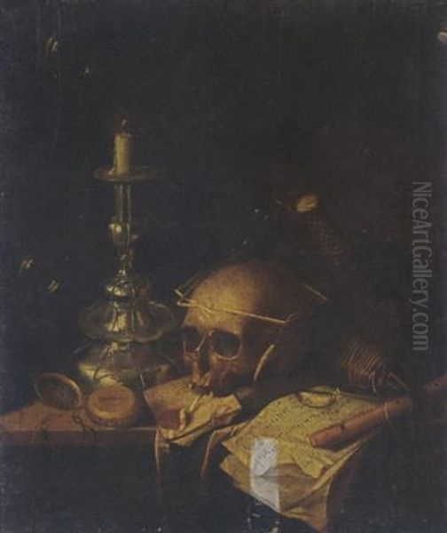 A Vanitas Still Life With A Skull, A Watch, A Candlestick, A Letter, A Music Score, A Flute And A Bottle, Together With Bubbles, All On A Wooden Ledge Oil Painting by Sebastien Bonnecroy