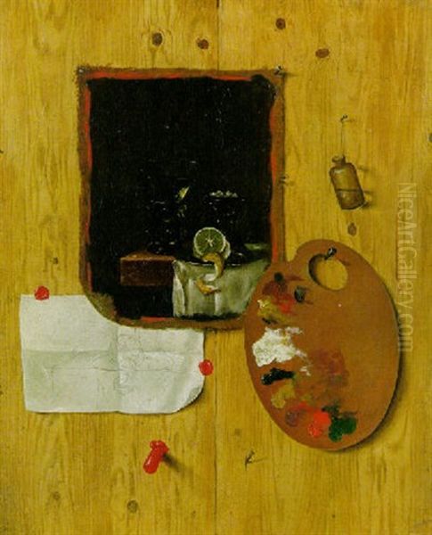 Leinwandgemalde Mit Skizze, Malpalette Und Flaschchen Mit Losungsmittel An Einer Holzwand Oil Painting by Sebastien Bonnecroy