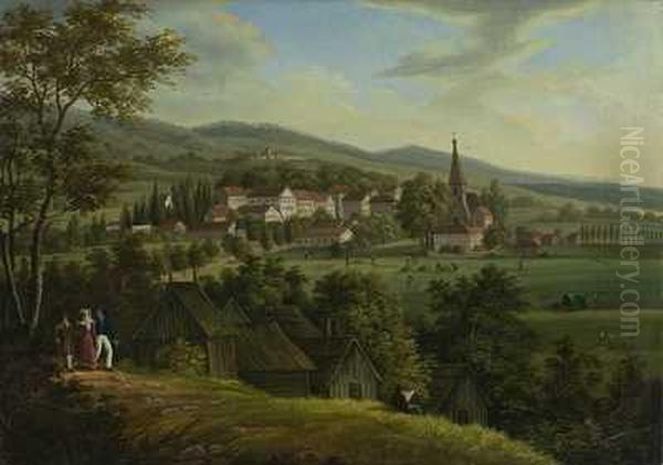 Idyllischer Sommertag Uber Einer Kleinen Stadt In Hugeliger Landschaft Oil Painting by Ferdinand Aldefeld