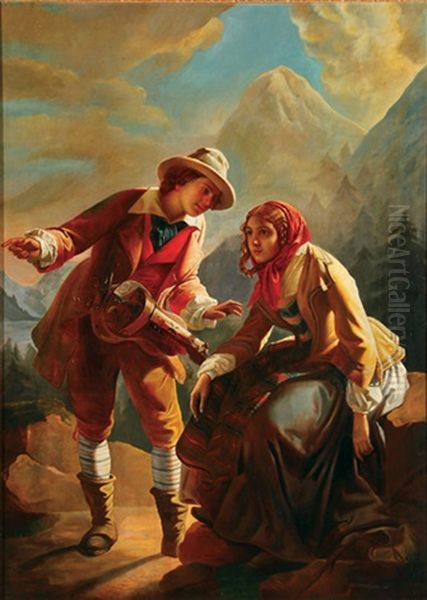 A Hurdy Gurdy Player With A Young Woman In An Alpine Lake Landscape Oil Painting by Claude Bonnefond