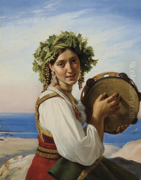 A Young Woman With A Tambourine In Ischia - Le Tambour De Basque Oil Painting by Claude Bonnefond