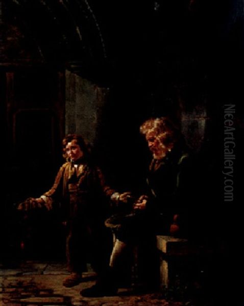 A Blind Man Seated And A Boy Begging Outside A Church Oil Painting by Claude Bonnefond