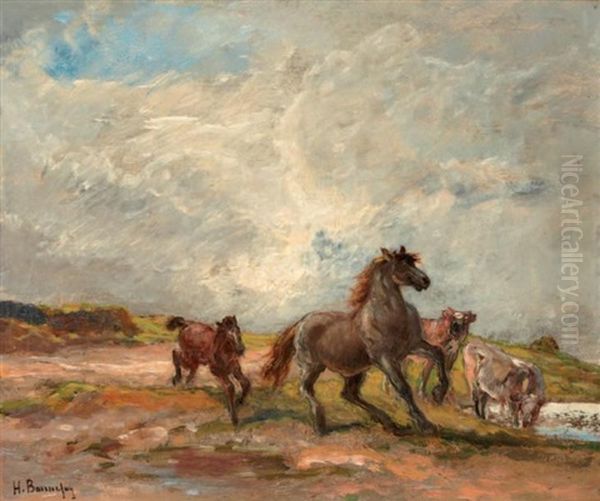 Chevaux Au Pre Oil Painting by Henri Arthur Bonnefoy