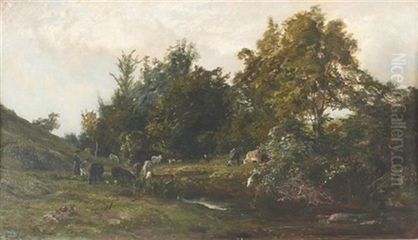 Landschaft Mit Weidenden Kuhen An Einem Weiher Oil Painting by Henri Arthur Bonnefoy