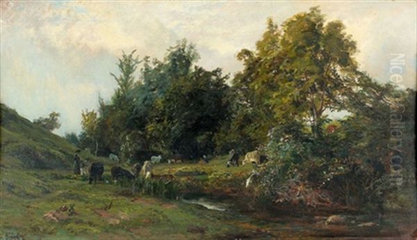 Landschaft Mit Weidenden Kuhen An Einem Weiher Oil Painting by Henri Arthur Bonnefoy