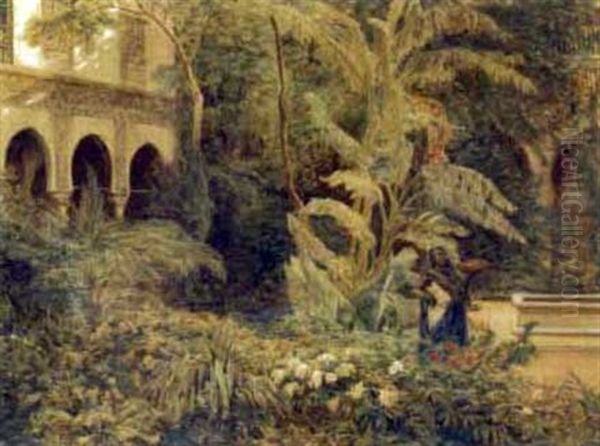 In A Courtyard Garden Oil Painting by Henri Arthur Bonnefoy