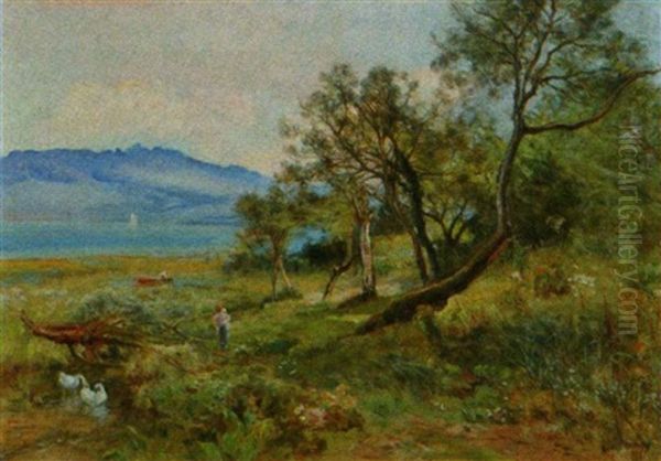 Paysage Cotier, Femme Et Enfant Devant La Mer Oil Painting by Henri Arthur Bonnefoy