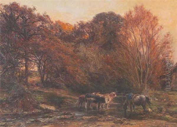 Kuhe Und Pferd An Der Tranke Oil Painting by Henri Arthur Bonnefoy