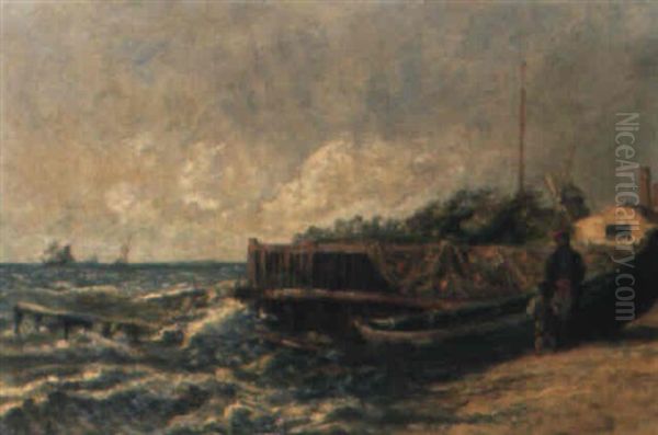 Uferlandschaft Mit Fischerboot Oil Painting by Henri Arthur Bonnefoy