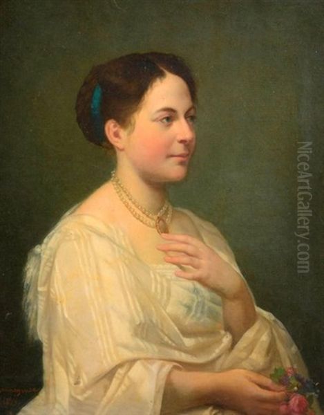 Portrait D'une Jeune Femme Coiffee D'un Chignon Tresse Retenu Par Un Ruban Bleu Portant Oil Painting by Charles Adolphe Bonnegrace