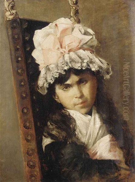 Portrait Of A Girl, Seated, In A Black Dress And White Bonnet With A Pink Ribbon Oil Painting by Felix Alfred Bonnet