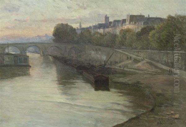 Vue De La Seine A Paris Oil Painting by Germain Eugene Bonneton