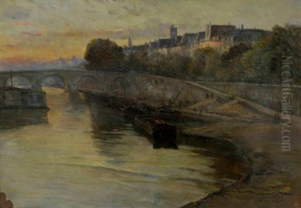 Vue De La Seine A Paris Oil Painting by Germain Eugene Bonneton