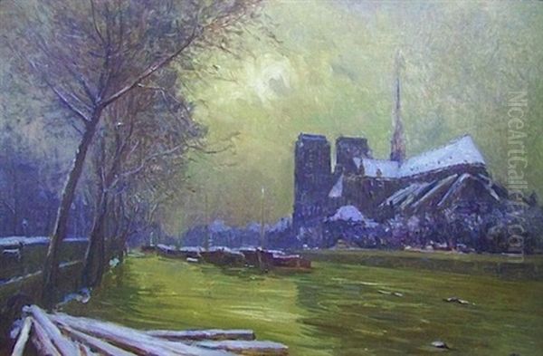 Notre-dame De Paris Sous La Neige Oil Painting by Germain Eugene Bonneton