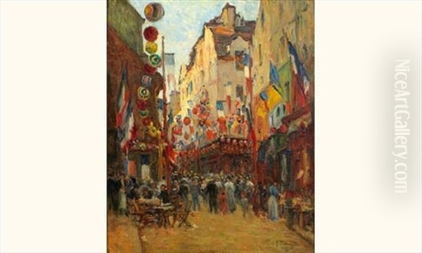 Paris, Rue Mouffetard, Le 14 Juillet Oil Painting by Germain Eugene Bonneton