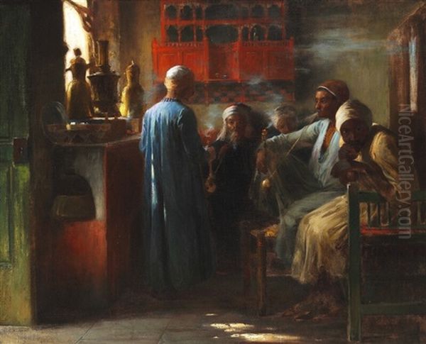 Interior From A Cafe With Orientals Smoking Waterpipes Oil Painting by Eva Bonnier