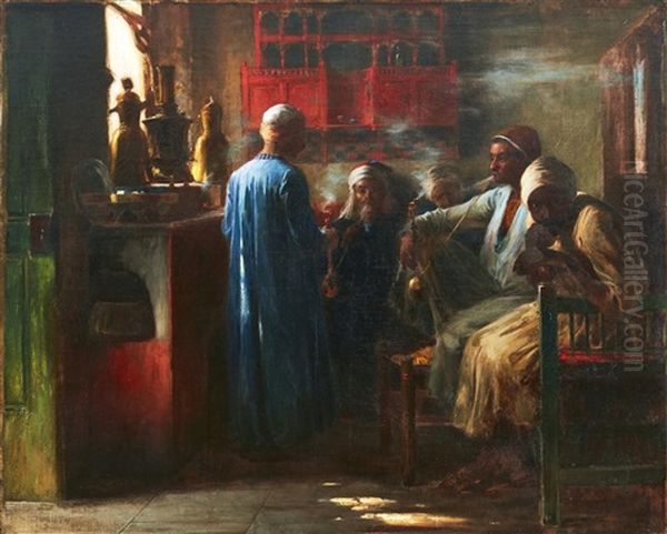 Interior Av Ett Cafe Med Man Rokande Vattenpipor (hookah) Oil Painting by Eva Bonnier