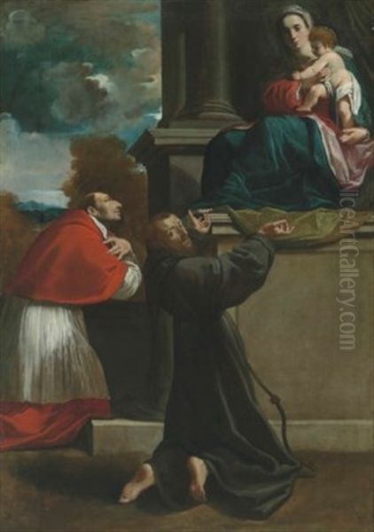 The Madonna And Child Adored By Saints Francis Of Assisi And Carlo Borromeo Oil Painting by Carlo Bononi