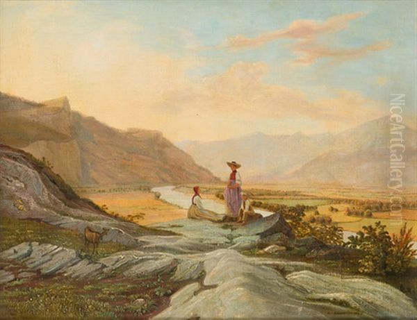 Weite Tallandschaft Mit Fluss Und Hirten Oil Painting by Abraham Sigmund A. von Bonstetten