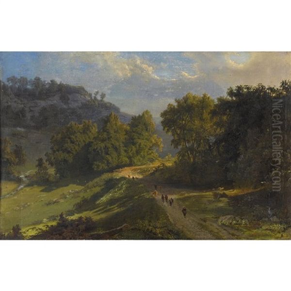 Bauerin Mit Kuhen Am Sommerlichen Waldrand Oil Painting by Abraham Sigmund A. von Bonstetten