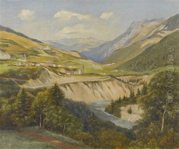 Berglandschaft Mit Dorf Und Fluss Oil Painting by Abraham Sigmund A. von Bonstetten