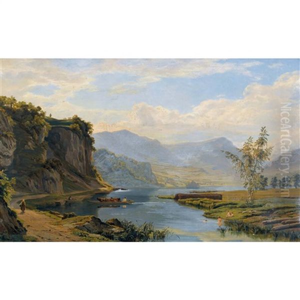 Viehtransport Auf Dem Lauerzersee Mit Blick Auf Die Rigi Oil Painting by Abraham Sigmund A. von Bonstetten