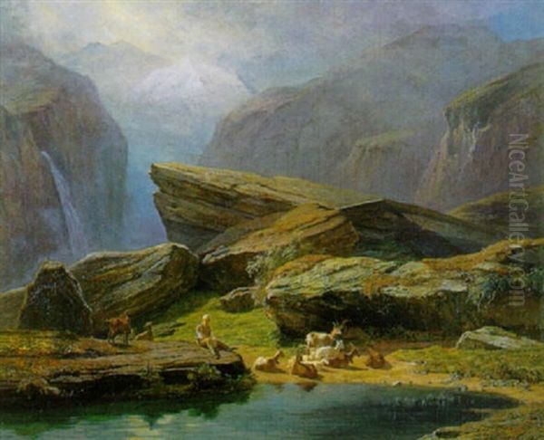 Hirte Mit Ziegen Am Bergsee Oil Painting by Abraham Sigmund A. von Bonstetten