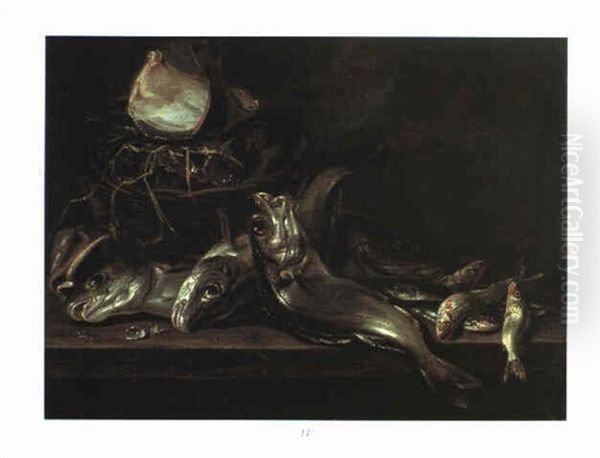 Nature Morte Med Fisk Og Muslinger Pa Et Bord Oil Painting by Jan De Bont