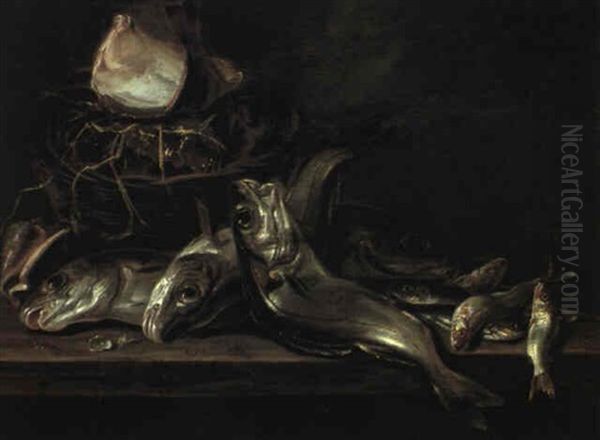 Nature Morte Med Fisk Og Muslinger Pa Et Bord Oil Painting by Jan De Bont