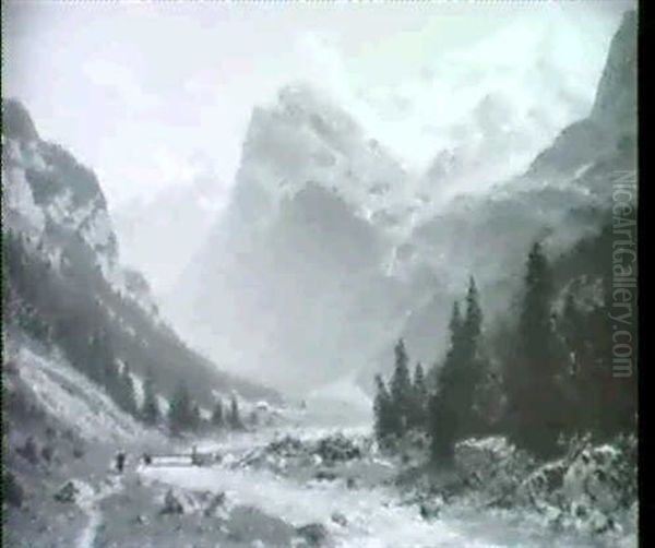 Gebirgslandschaft, Auf Dem Weg Sennerin,rechts Hohe,        Schneebedeckte Berge Oil Painting by Paula Bonte