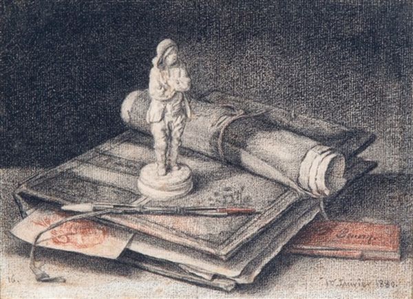 A Still Life With A Portfolio Of Drawings And A Little Sculpture On Top Oil Painting by Francois Bonvin