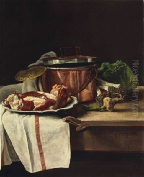 Still Life With Cabbage, Leeks, Garlic And Beef By A Copper Pot Oil Painting by Francois Bonvin