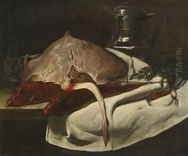 Nature Morte A La Pastenague Et Aux Mulets Rouges (still Life With Sting Ray And Red Mullets) Oil Painting by Francois Bonvin