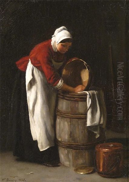 A Woman Washing A Copper Pan Oil Painting by Francois Bonvin