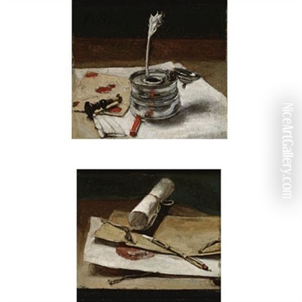 Still Life Of An Inkwell With A Quill, A Seal And Red Lacquer (+ A Portefeuille With Documents And A Crayon Holder; Pair) Oil Painting by Francois Bonvin