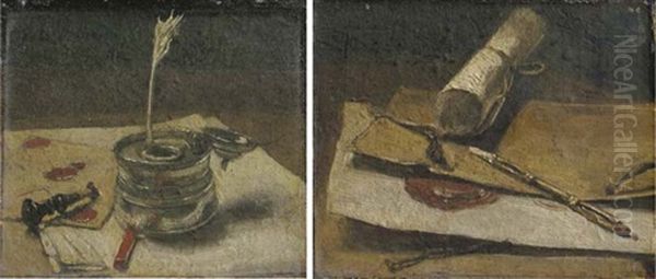 Schrijfgerei: Inkpot, Stamp And Stationery (+ Teekengerei: Pen And Stationery; Pair) Oil Painting by Francois Bonvin