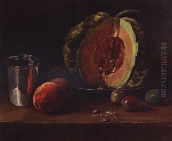 Still Life With A Melon, Peaches, And Other Fruit With A Silver Cup On A Table Oil Painting by Francois Bonvin